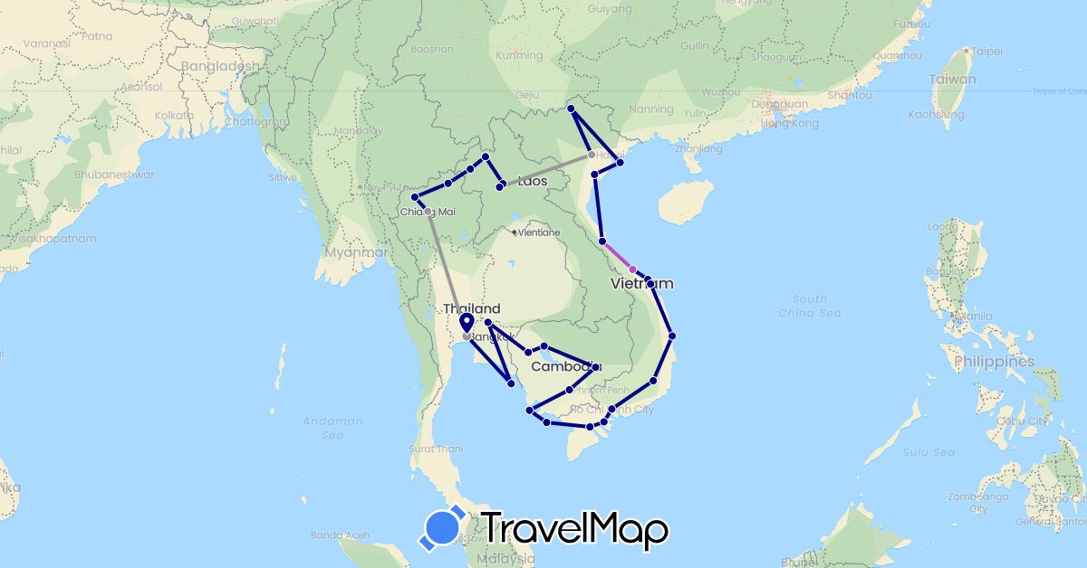 TravelMap itinerary: driving, plane, train in Cambodia, Laos, Thailand, Vietnam (Asia)
